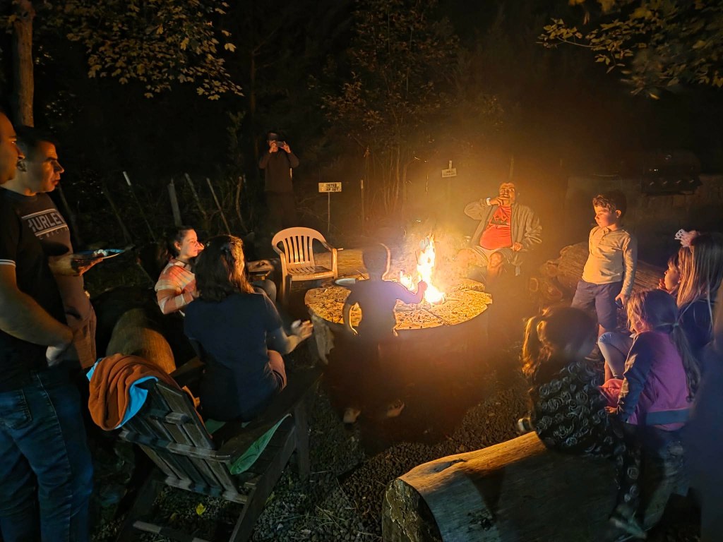 A group of people gathered around a fire pit at night, enjoying each other's company and sharing stories. Some are sitting on chairs and logs, while others stand in the background.